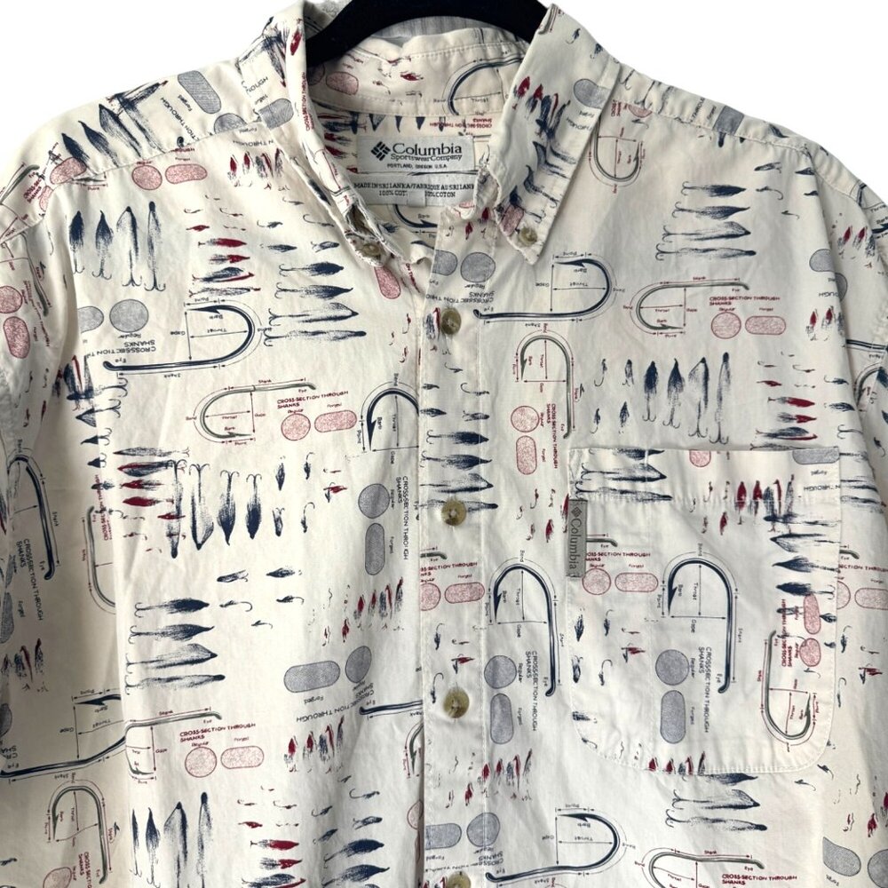 Columbia 100% Cotton Men's Button-Up SS Shirt Fly Fish Tackle Print, Size L - Picture 2 of 7